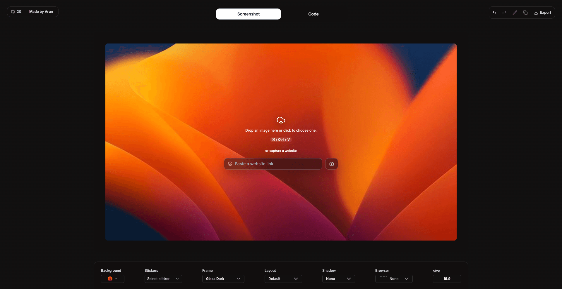 Shotzly screenshot editor with background and export controls