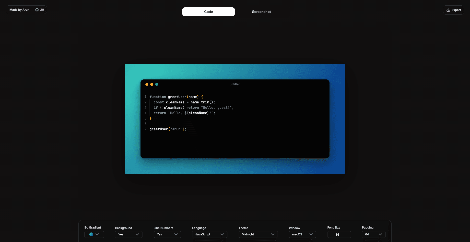 Shotzly code editor for creating syntax-highlighted snippet images