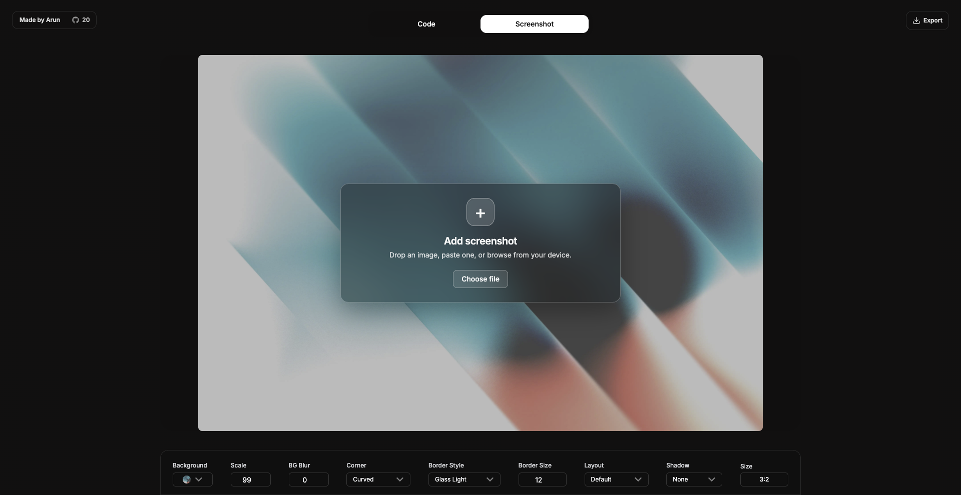 Shotzly code editor mode with a styled code export preview